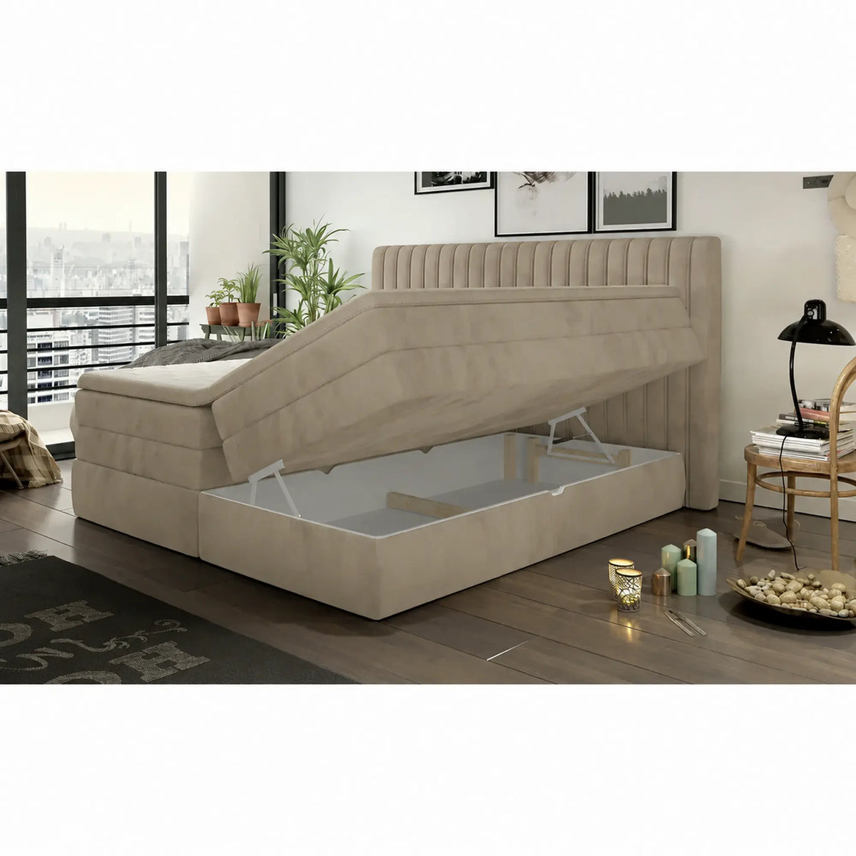 Pat boxspring MINOLA 160x200, stofa catifelata bej - Riviera 16, cu saltele, topper si 2 lazi pentru depozitare