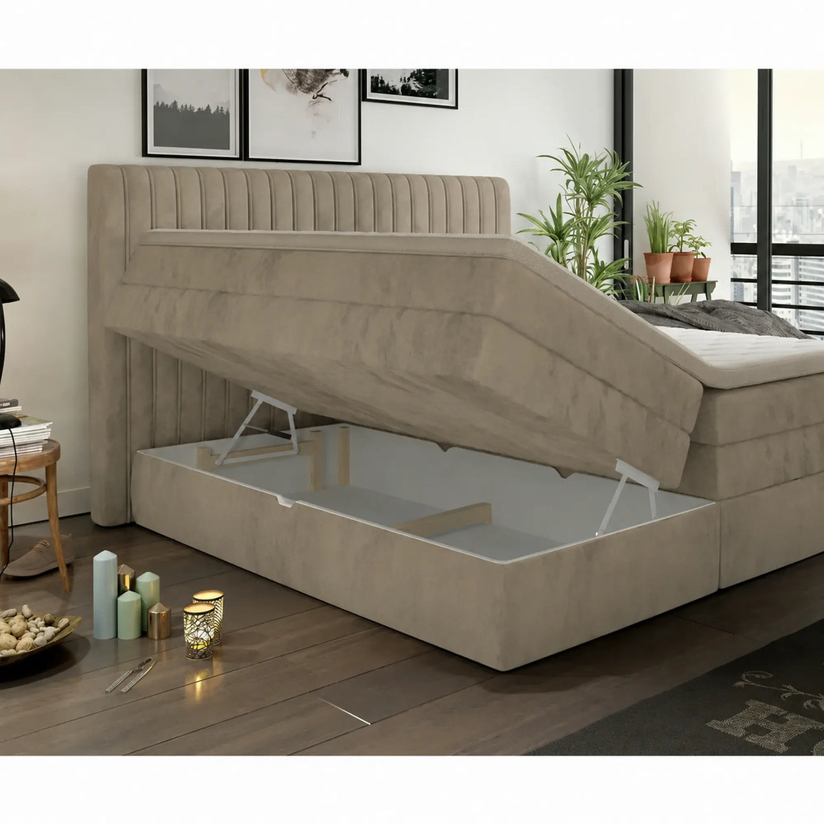 Pat boxspring MINOLA 160x200, stofa catifelata bej - Riviera 16, cu saltele, topper si 2 lazi pentru depozitare