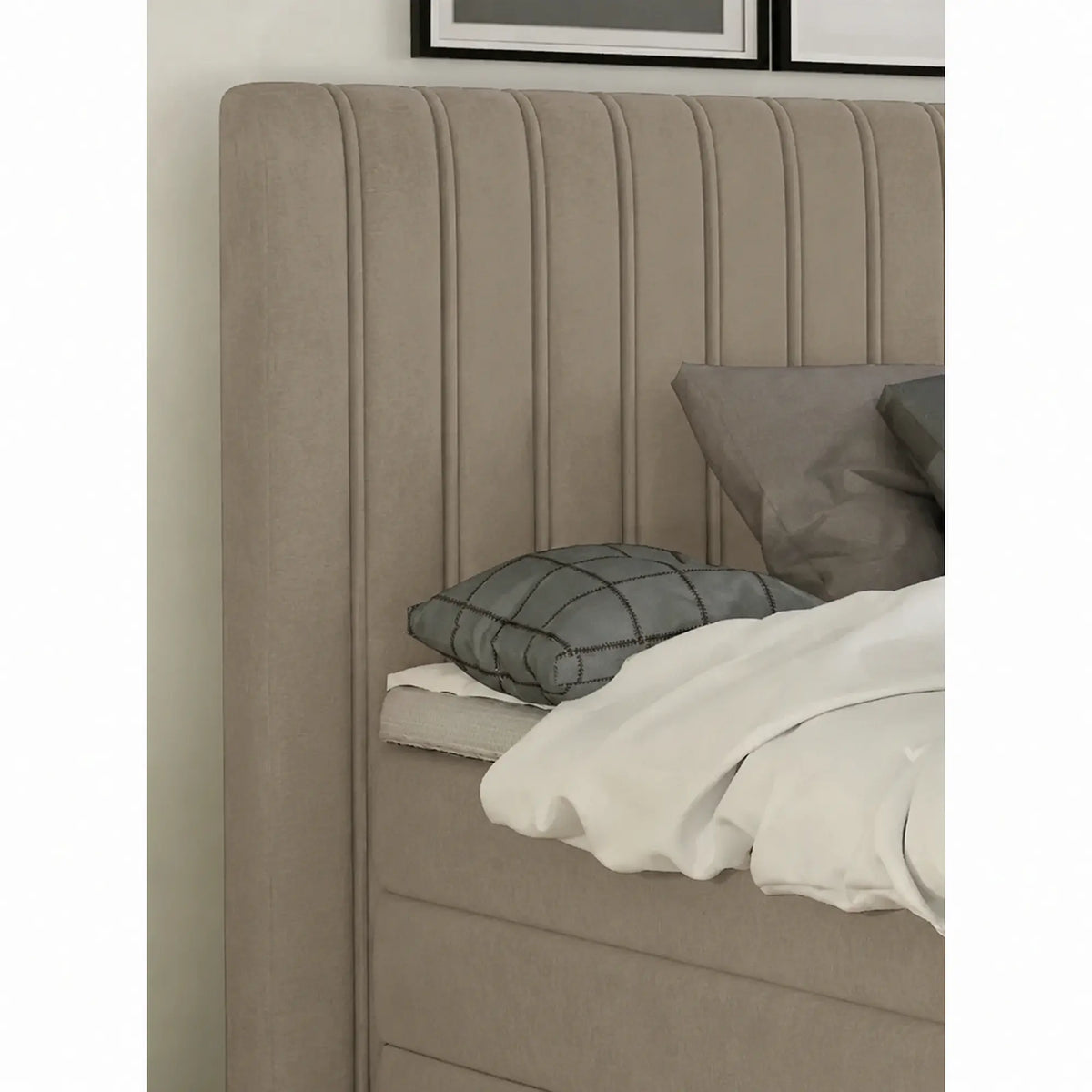 Pat boxspring MINOLA 160x200, stofa catifelata bej - Riviera 16, cu saltele, topper si 2 lazi pentru depozitare