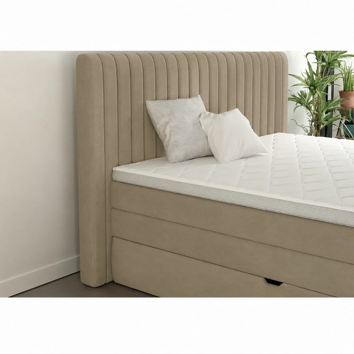 Pat boxspring MINOLA 160x200, stofa catifelata bej - Riviera 16, cu saltele, topper si 2 lazi pentru depozitare