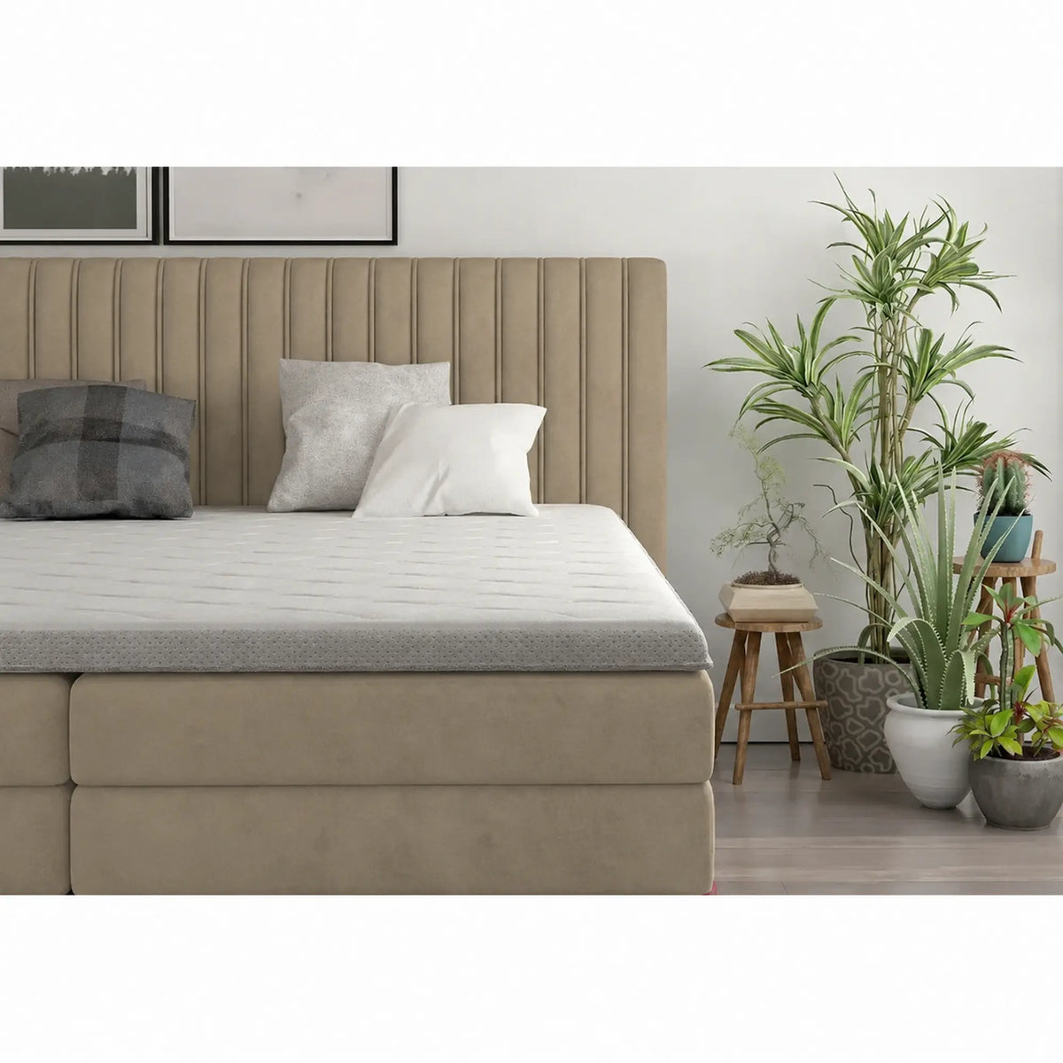 Pat boxspring MINOLA 160x200, stofa catifelata bej - Riviera 16, cu saltele, topper si 2 lazi pentru depozitare