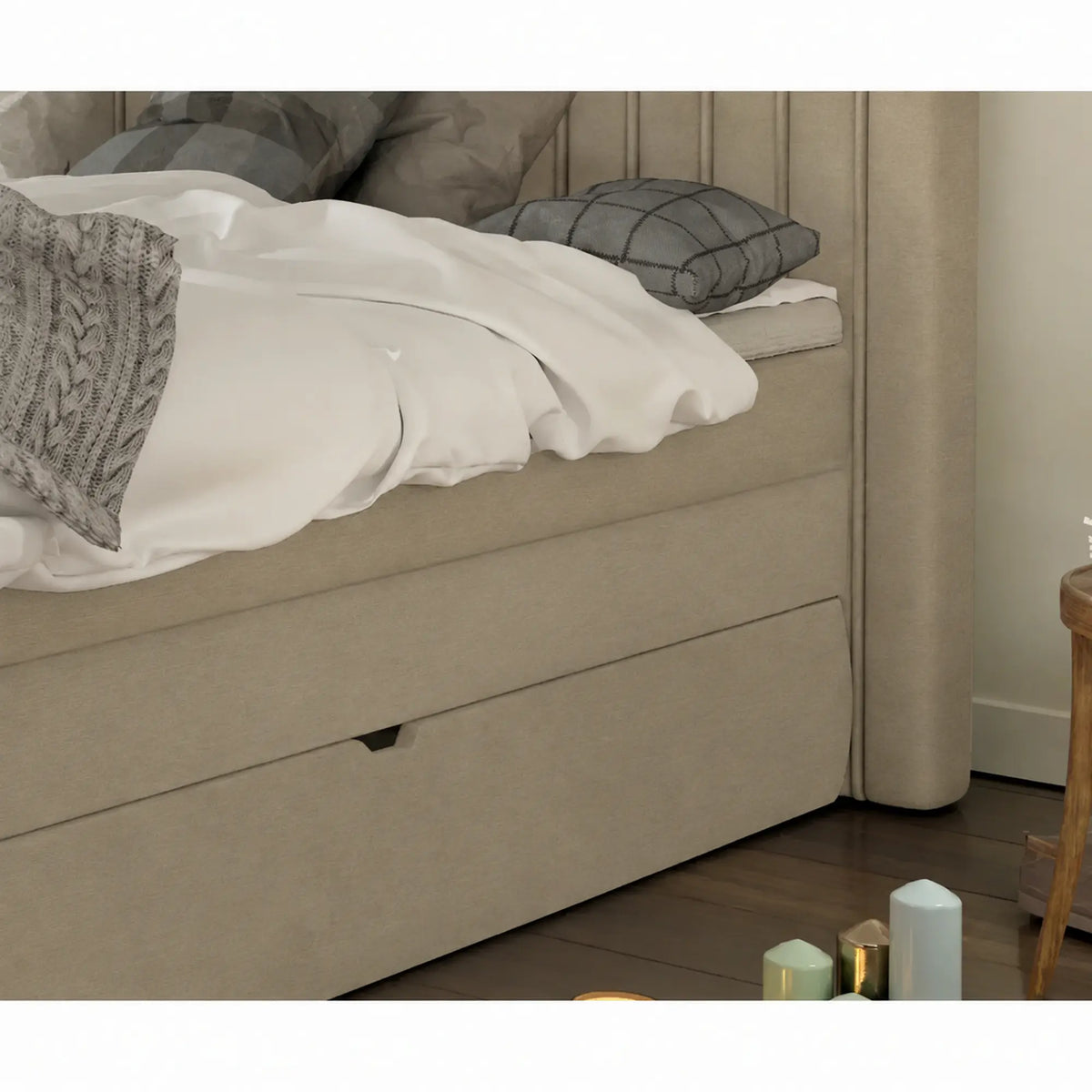 Pat boxspring MINOLA 160x200, stofa catifelata bej - Riviera 16, cu saltele, topper si 2 lazi pentru depozitare