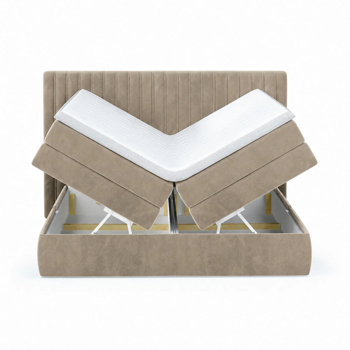 Pat boxspring MINOLA 160x200, stofa catifelata bej - Riviera 16, cu saltele, topper si 2 lazi pentru depozitare