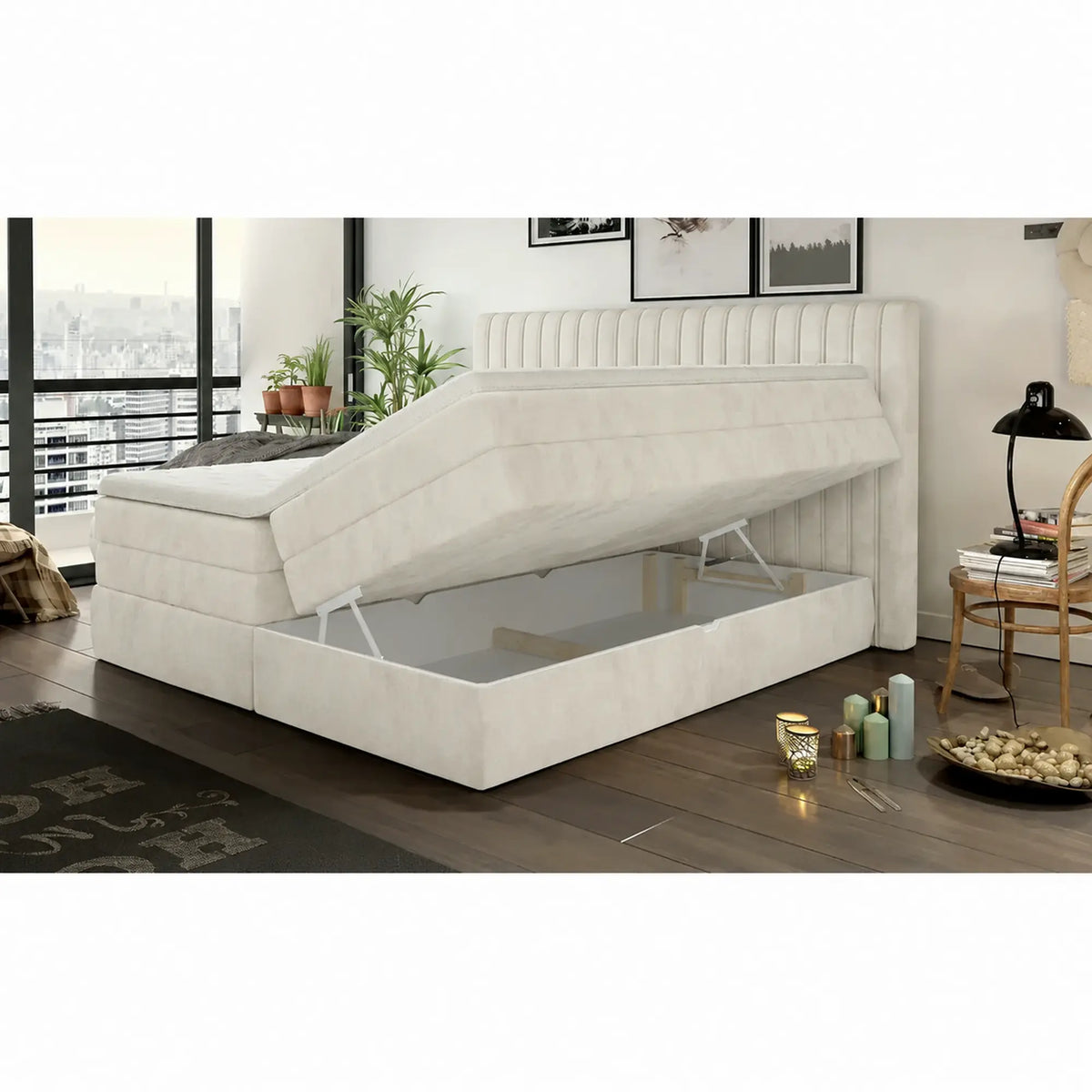 Pat boxspring MINOLA 160x200, stofa catifelata crem - Riviera 21, cu saltele, topper si 2 lazi pentru depozitare