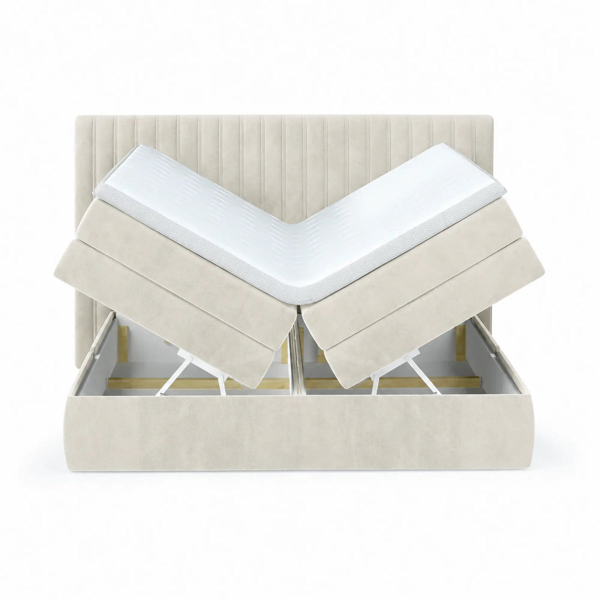 Pat boxspring MINOLA 160x200, stofa catifelata crem - Riviera 21, cu saltele, topper si 2 lazi pentru depozitare