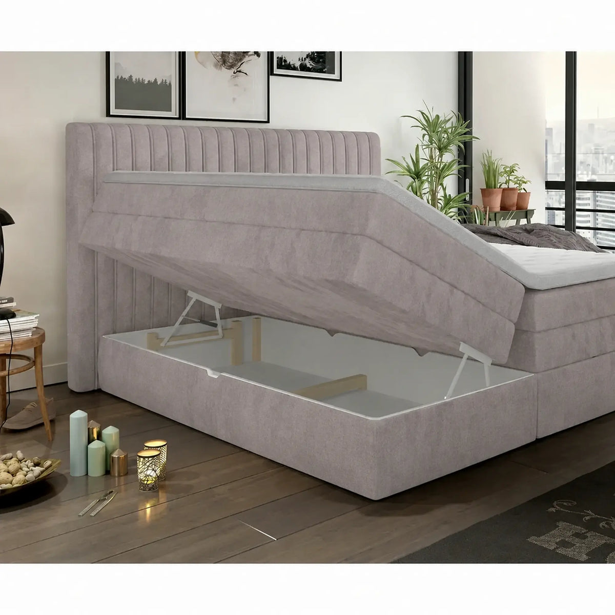 Pat boxspring MINOLA 180x200, stofa catifelata bej - Whisper 3, cu saltele, topper si 2 lazi pentru depozitare