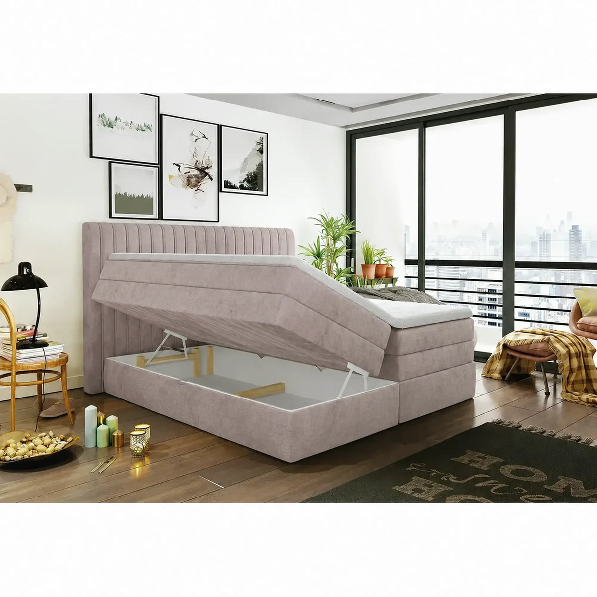 Pat boxspring MINOLA 180x200, stofa catifelata bej - Whisper 3, cu saltele, topper si 2 lazi pentru depozitare