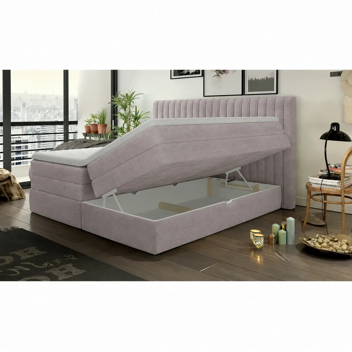 Pat boxspring MINOLA 180x200, stofa catifelata bej - Whisper 3, cu saltele, topper si 2 lazi pentru depozitare