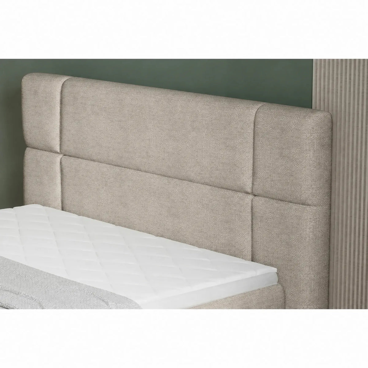 Pat tapitat boxspring LUCIO 180x200, stofa catifelata bej deschis - Ontario 02, cu saltele si topper