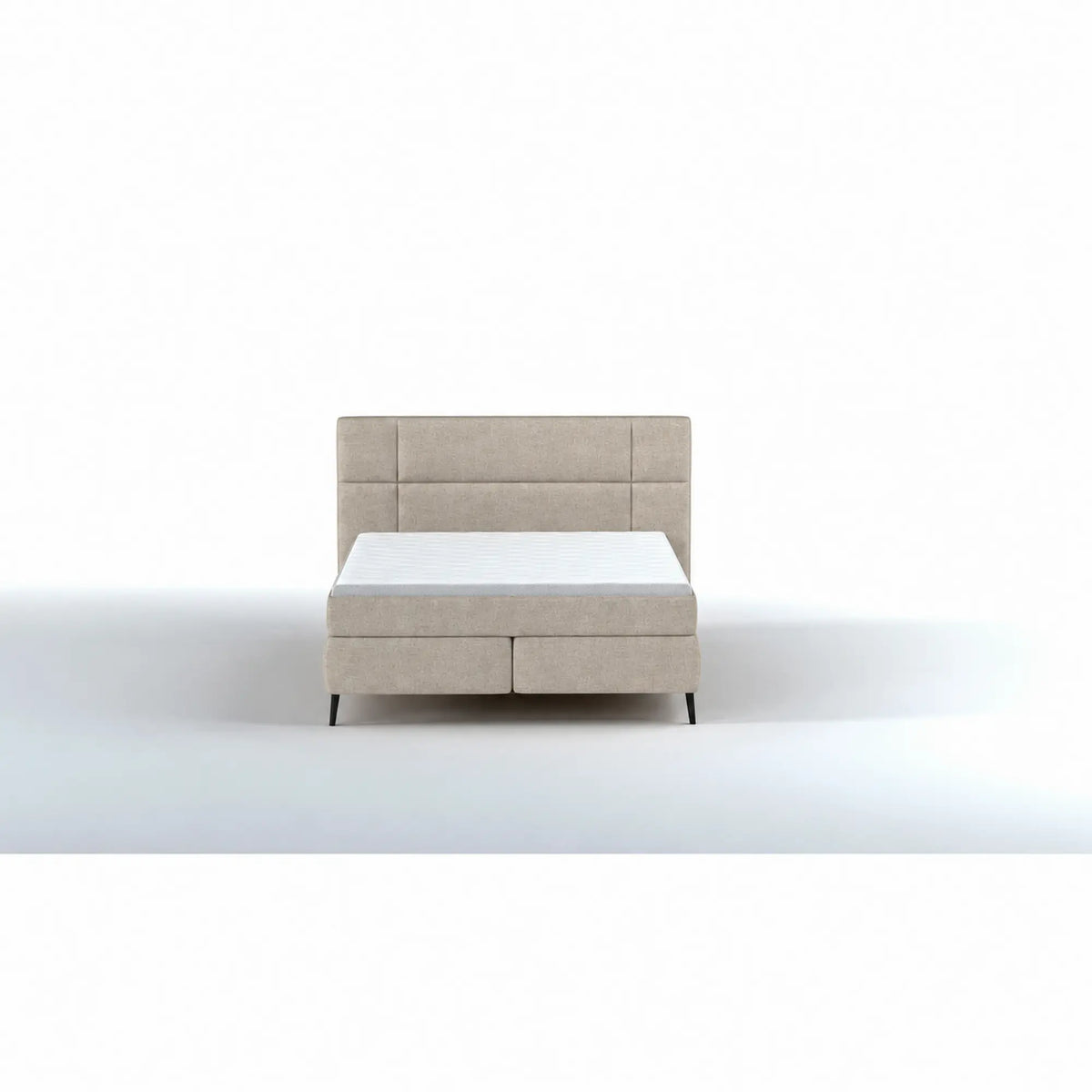 Pat tapitat boxspring LUCIO 180x200, stofa catifelata bej deschis - Ontario 02, cu saltele si topper