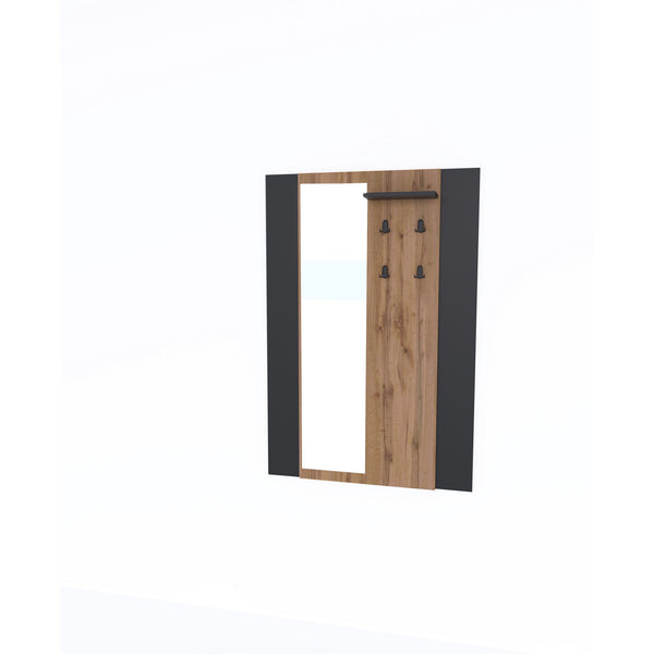 Cuier AMINO, stejar/negru, PAL laminat, cu oglinda, 95x16x140 cm