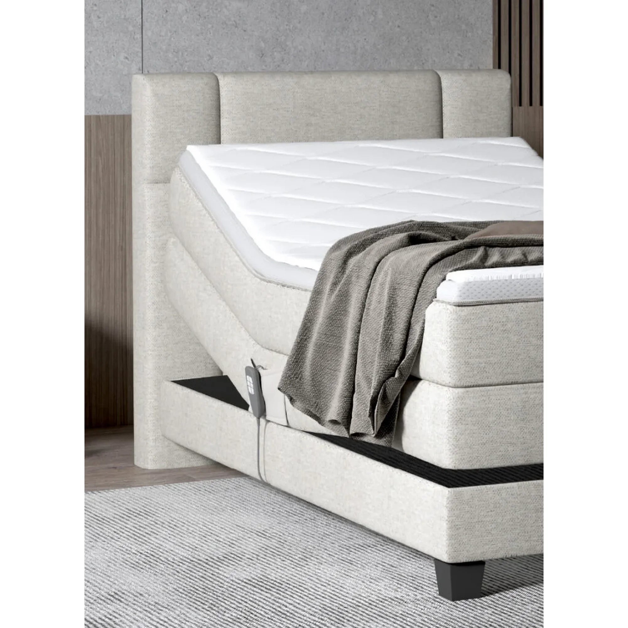 Pat boxspring REY 120x200, personalizabil materiale Gama Premium, cu mecanism electric, saltele si topper