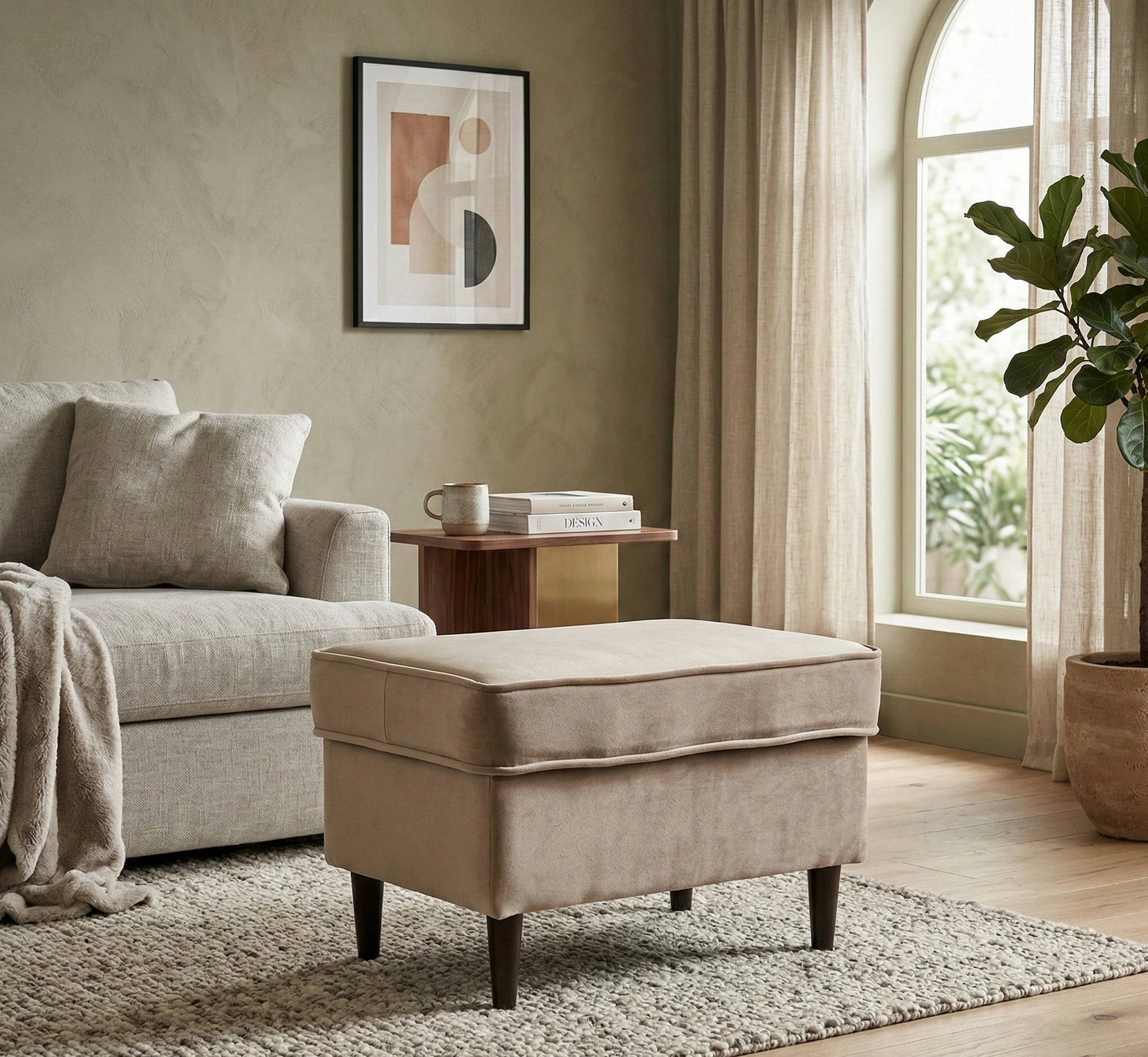 Taburet RON, stofa catifelata bej inchis, 60x40x43 cm