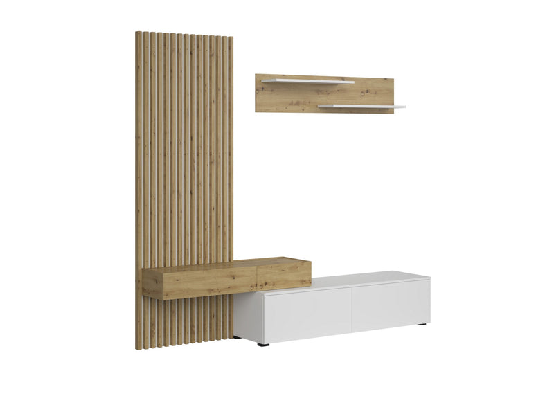 Mobilier living REBECA, stejar artisan/alb, PAL, 210x43x200 cm