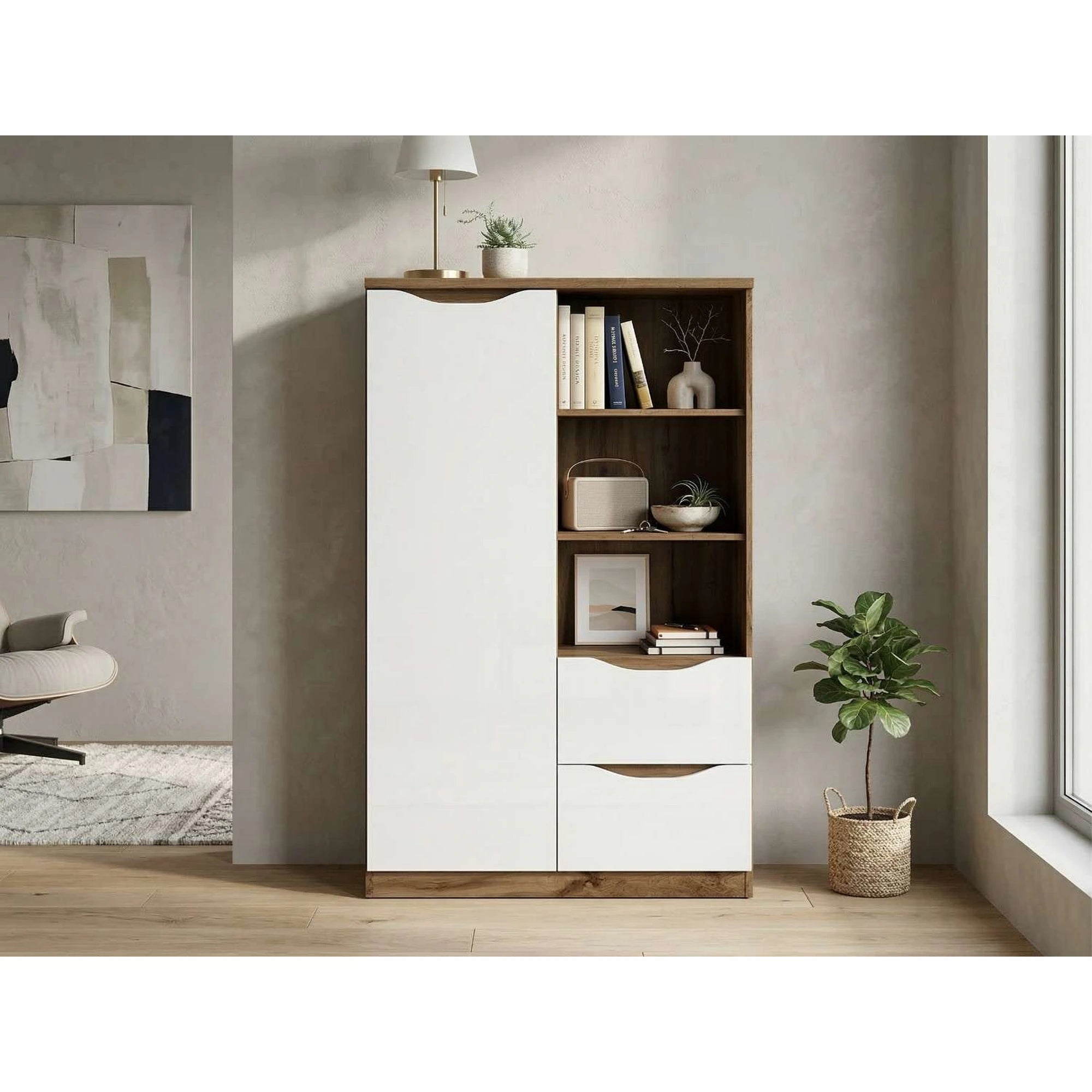 Comoda NUIS, stejar/alb lucios, 90x40x148 cm