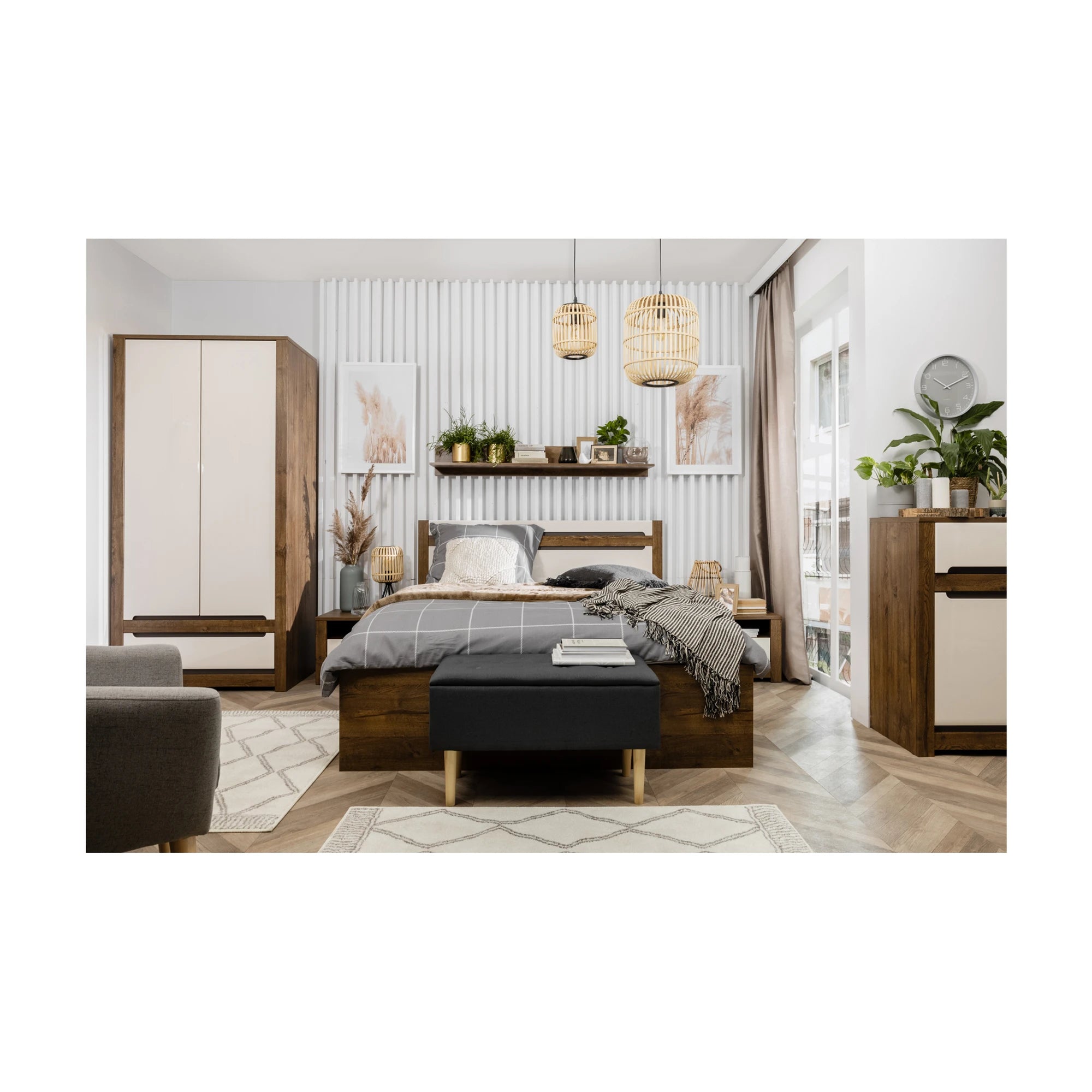 Set dormitor RUSO, stejar april/alb perla, pat 160x200, dulap cu 2 usi si un sertar, 2 noptiere si polita