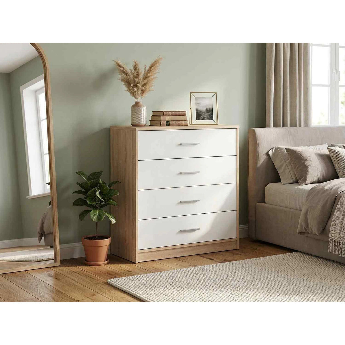 Comoda NEPO PLUS, alb/stejar sonoma, PAL laminat, 80x34x84 cm