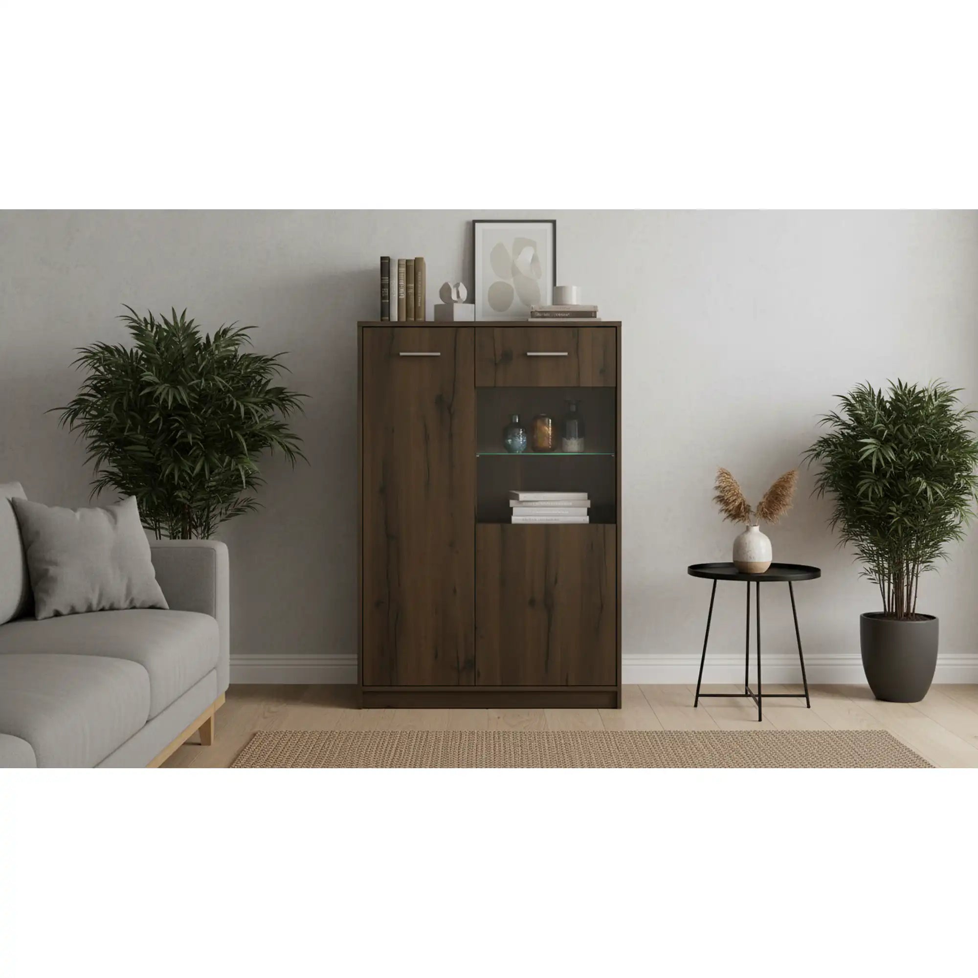 Vitrina NEPO PLUS, stejar nobil, PAL laminat/sticla, 90x34x132 cm