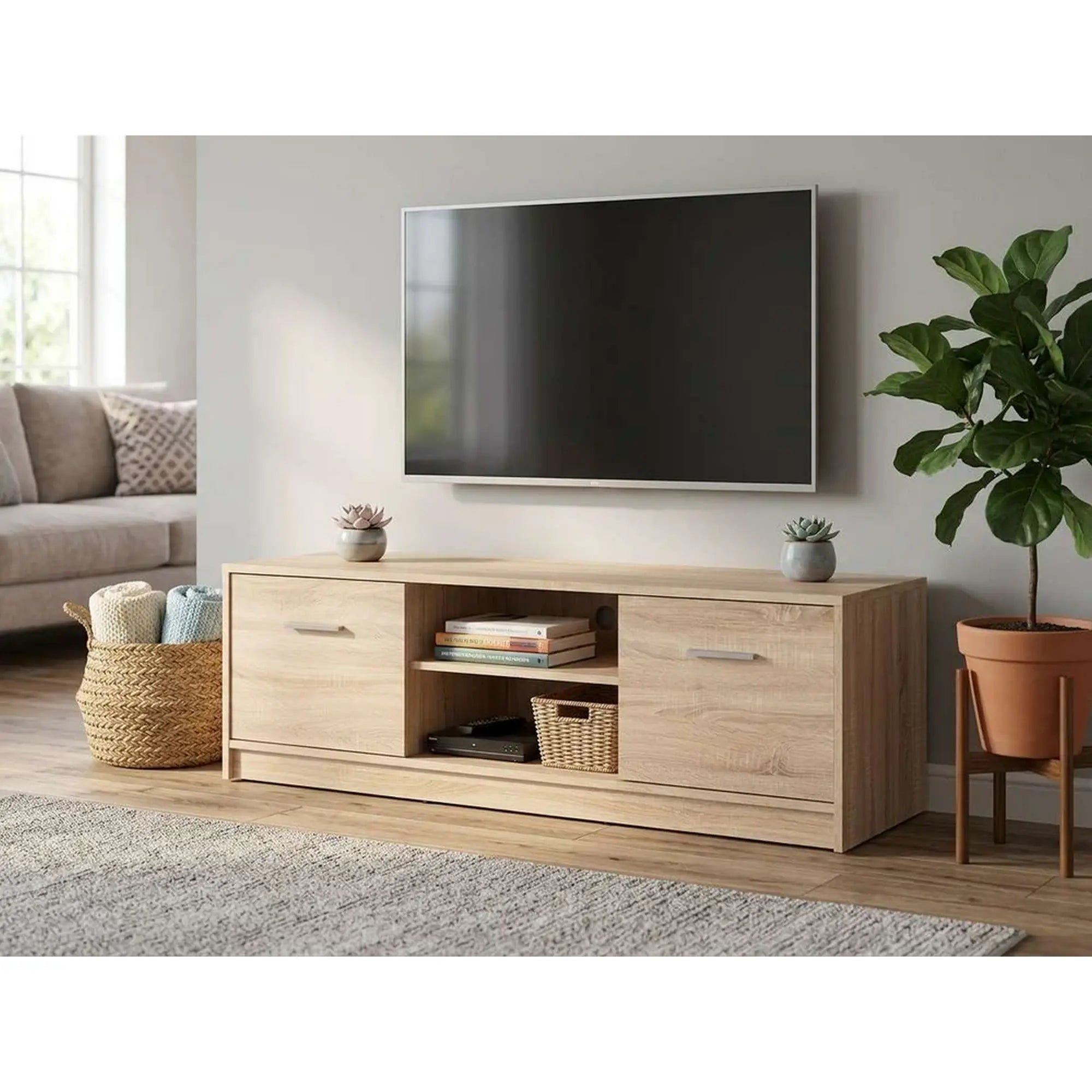Comoda TV NEPO PLUS, stejar sonoma, PAL laminat, cu 2 usi, 139x47x43 cm