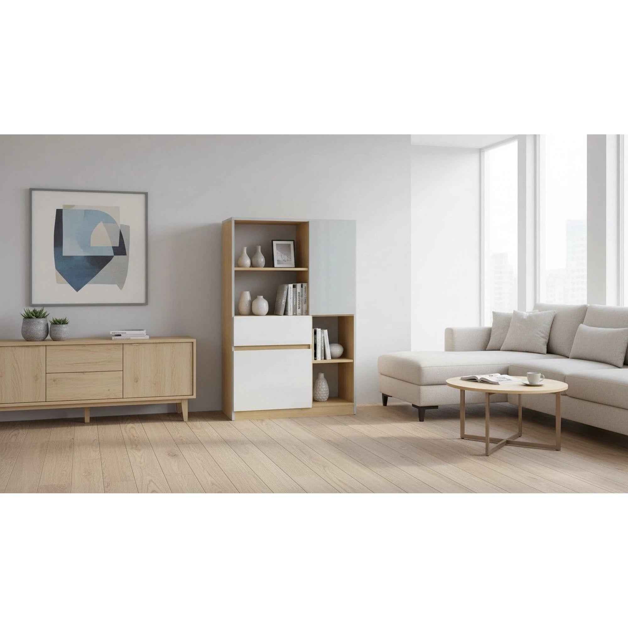 Dulap NANDU, gri deschis/stejar, PAL laminat, cu 2 usi si un sertar, 80x39x126 cm