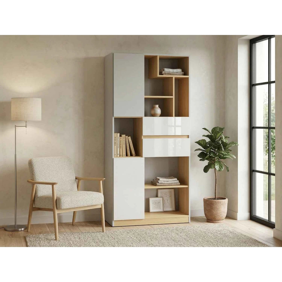 Biblioteca NANDU, gri deshis/stejar, PAL laminat, 80x39x164 cm