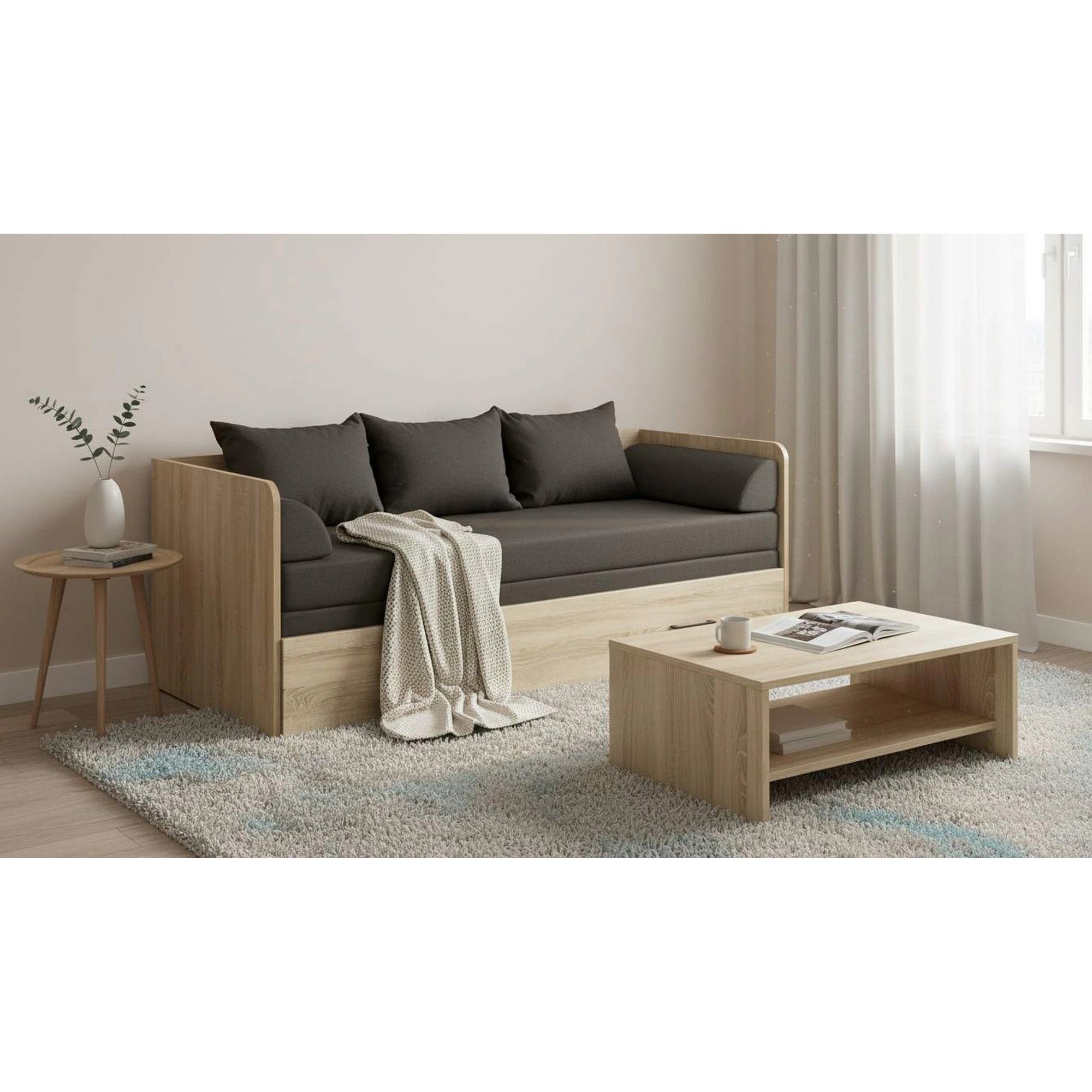 Pat TETRIX 80/160x200, stejar sonoma/maro, PAL/stofa, cu saltea extensibila si spatiu depozitare
