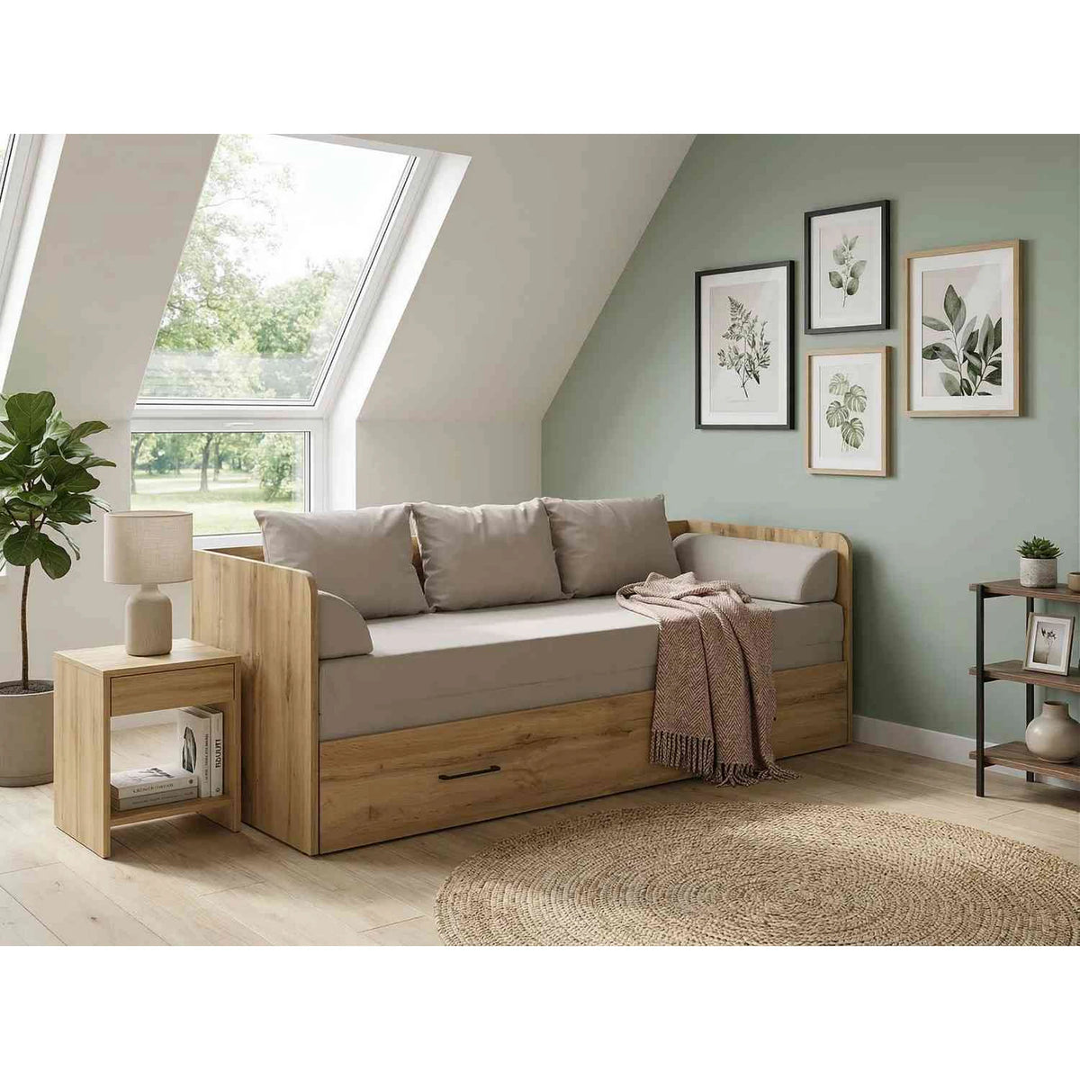 Pat TETRIX 80/160x200, stejar wotan/bej, PAL/stofa, cu saltea extensibila si spatiu depozitare