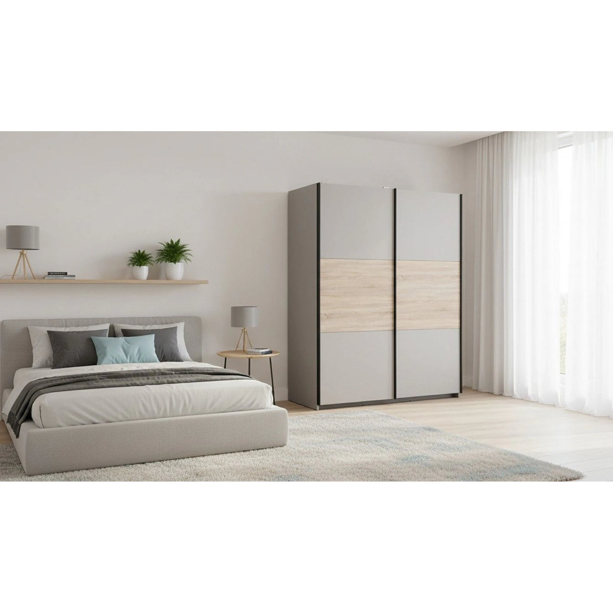 Dulap TETRIX, alb lucios/stejar sonoma, PAL, cu 2 usi, 154x60x196 cm