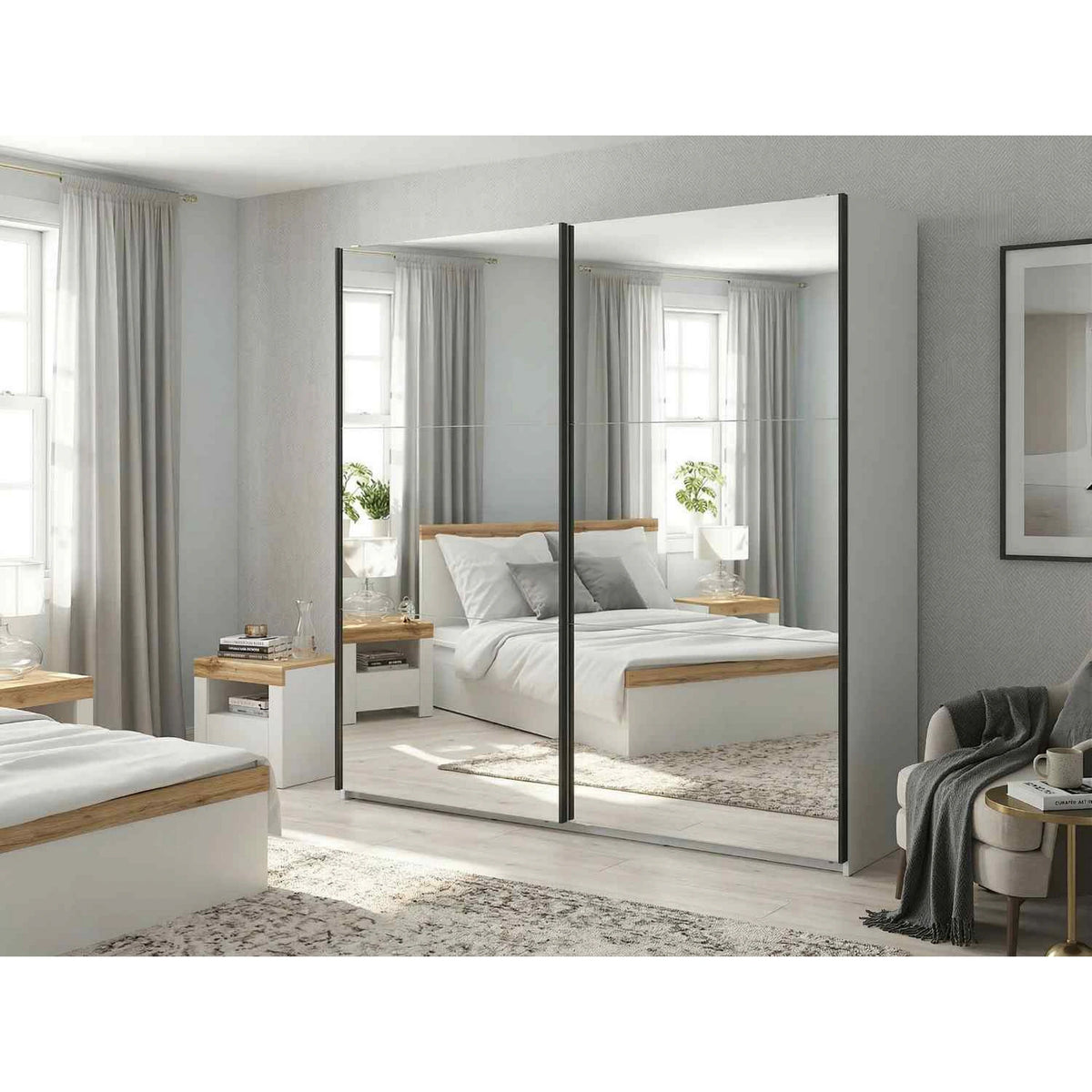 Dulap de haine cu usi culisante TETRIX, alb lucios, PAL, cu 2 usi si oglinzi, 183x60x196 cm