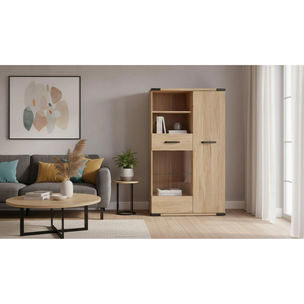 Vitrina LARA, frasin, PAL laminat/sticla, 90x40x151 cm