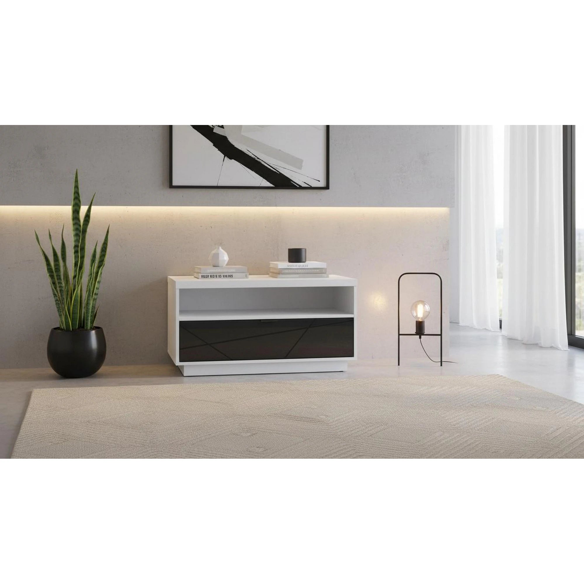 Masuta cafea FORN, alb lucios/negru mat, PAL, 90x60x49 cm