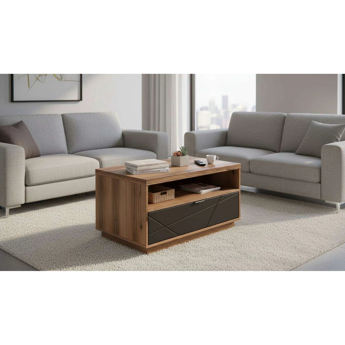 Masuta cafea FORN, nuc/negru mat, PAL, 90x60x49 cm
