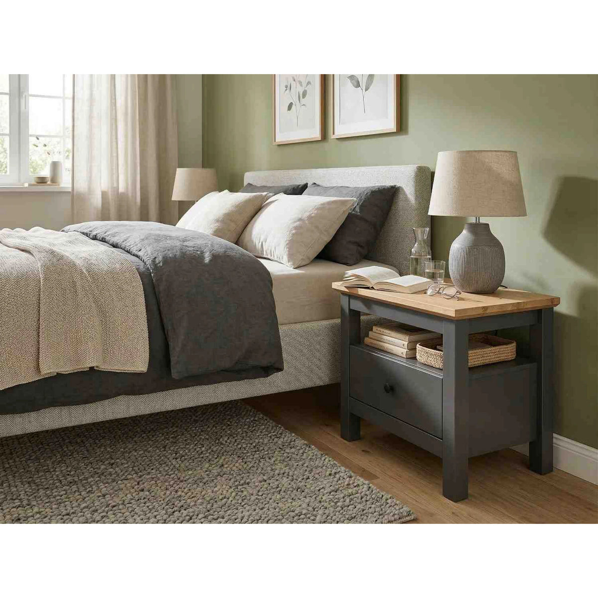 Noptiera HESEN, gri grafit/stejar artisan, PAL melaminat, 60x44x50 cm