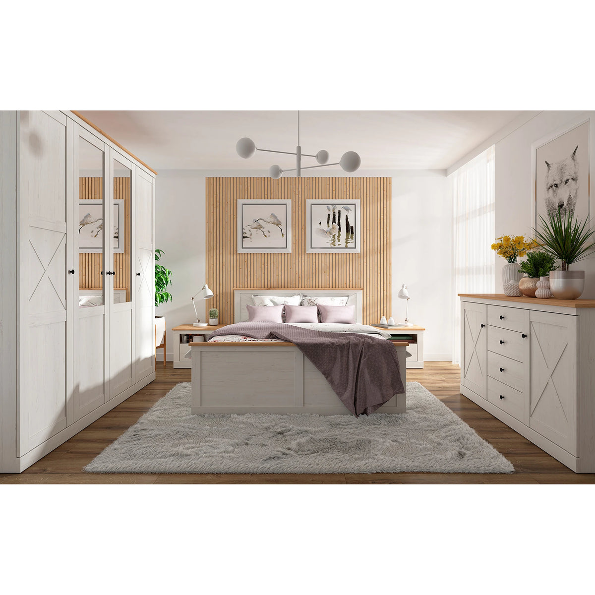 Set dormitor FRIJA, pin alb andersen/stejar artisan, pat 160x200, dulap cu 4 usi, 2 noptiere si comoda