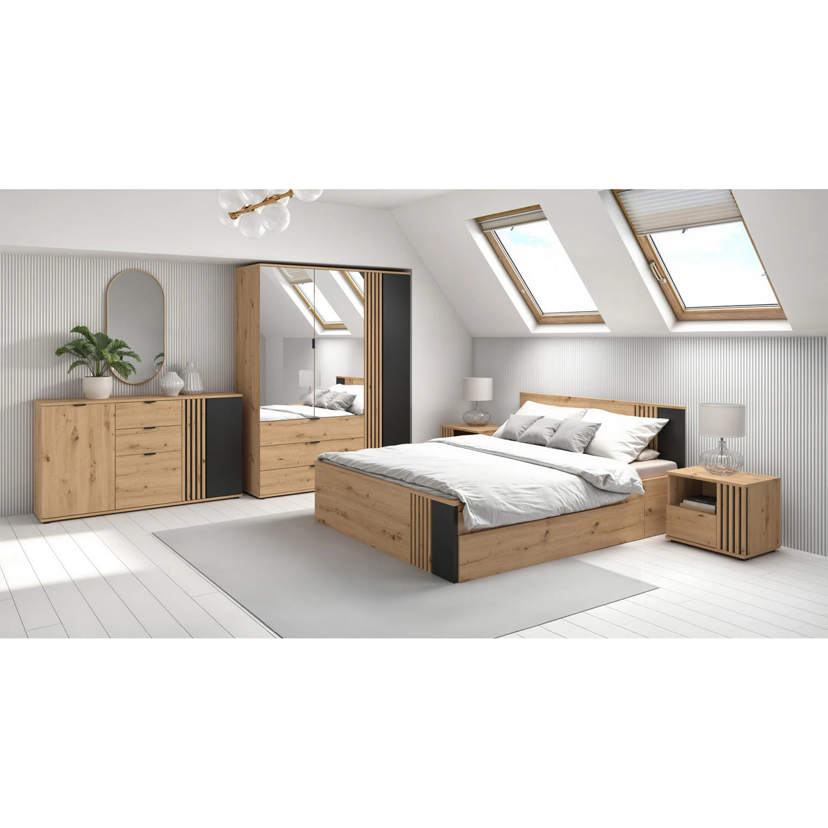 Set dormitor VABRES, stejar artisan/negru mat, pat 160x200, dulap cu 3 usi si 3 sertare, 2 noptiere si o comoda