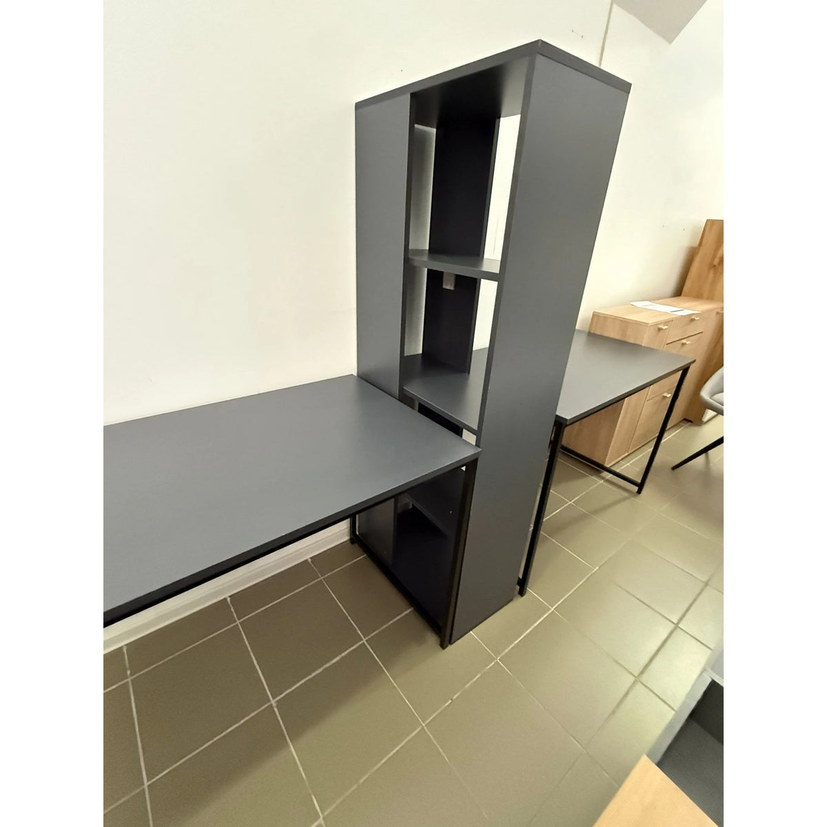 PRODUS RESIGILAT - Birou BUYUK BOY, gri antracit, PAL melaminat/metal, 240x60x142 cm