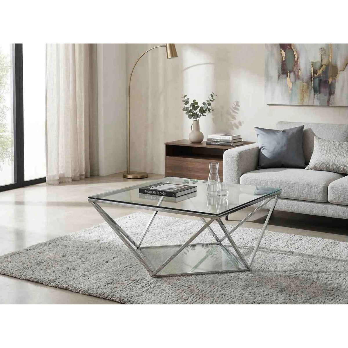 Masuta Silver A, transparent/crom, sticla temperata/metal, 80X80X45 cm