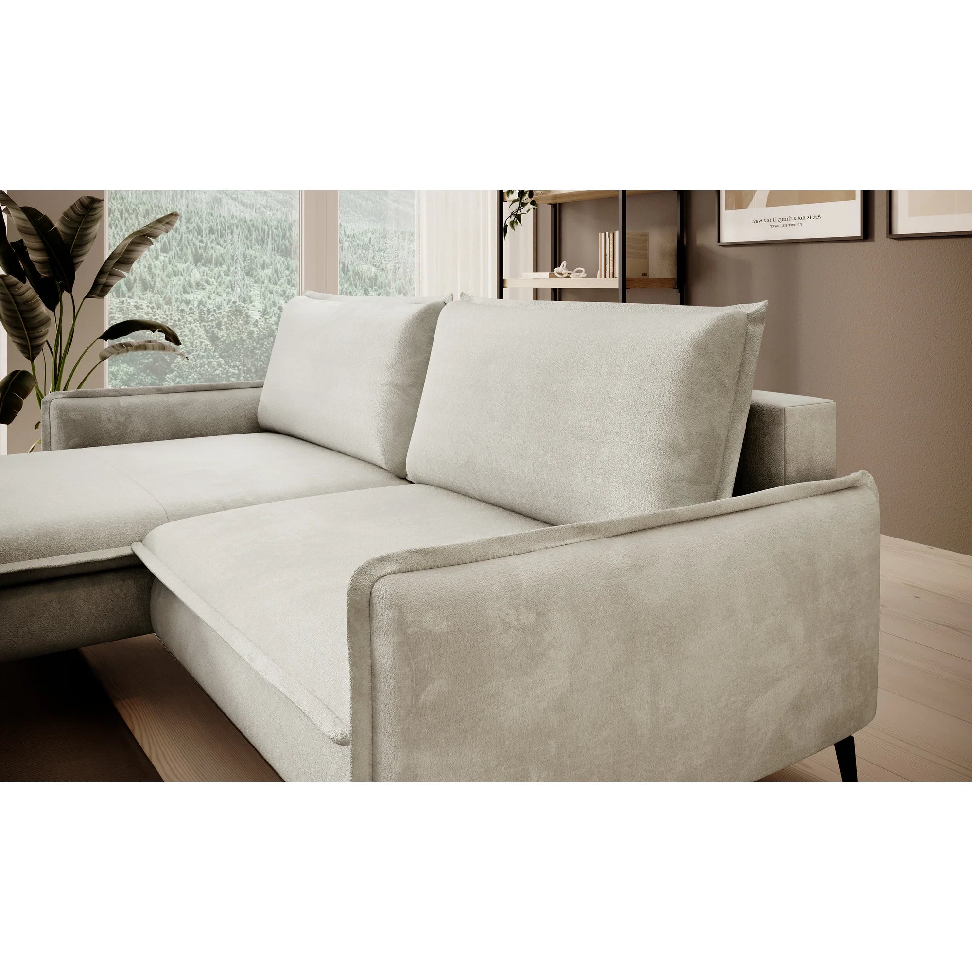 Coltar extensibil GLOSSY, sezlong stanga, stofa catifelata crem - Whisper 01, Gama Premium, cu lada depozitare, 226x162x88 cm