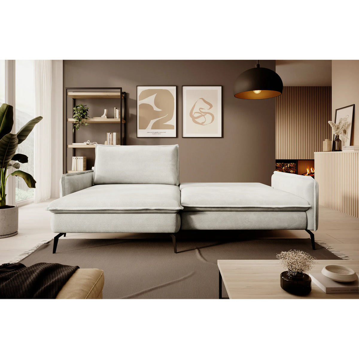 Coltar extensibil GLOSSY, sezlong stanga, stofa catifelata crem - Whisper 01, Gama Premium, cu lada depozitare, 226x162x88 cm