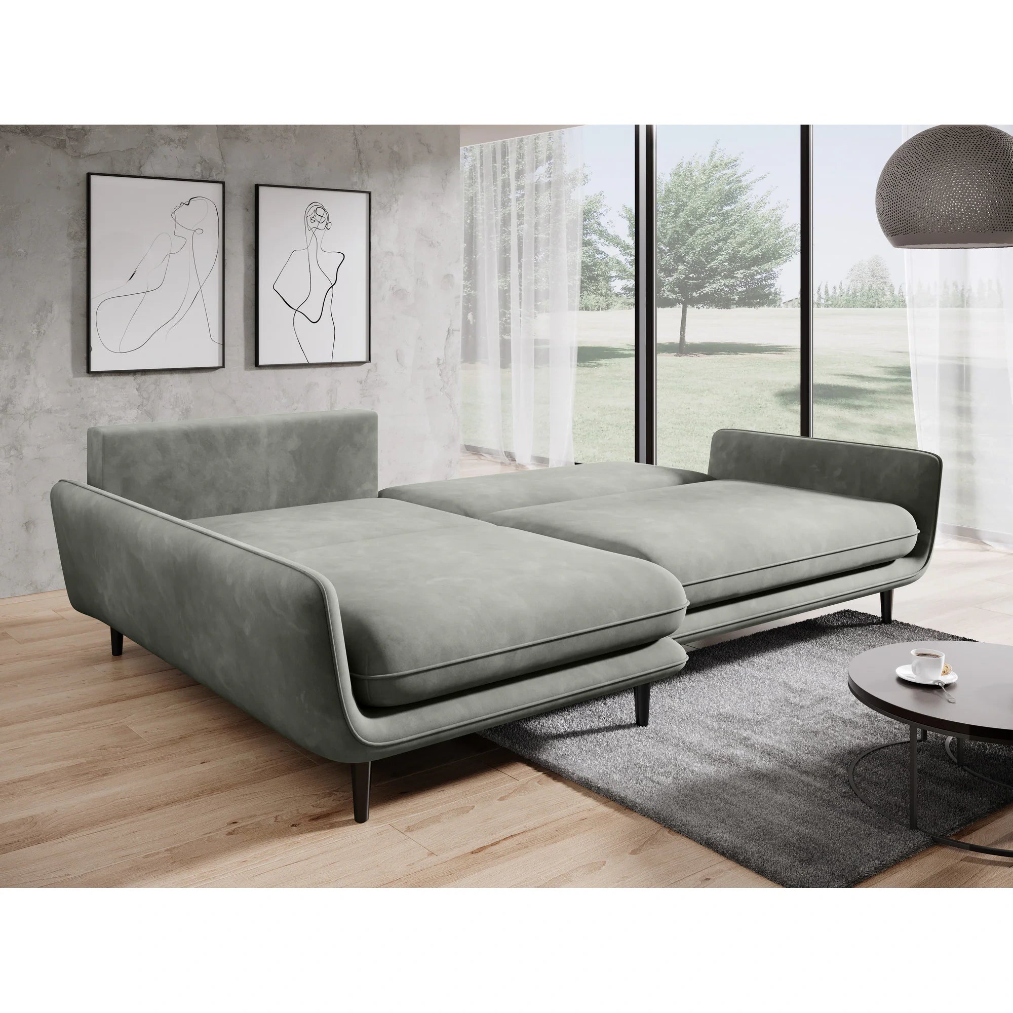 Coltar extensibil SOLANO, sezlong stanga, stofa catifelata bej - Whisper 3, Gama Premium, cu lada depozitare, 260x167x83 cm