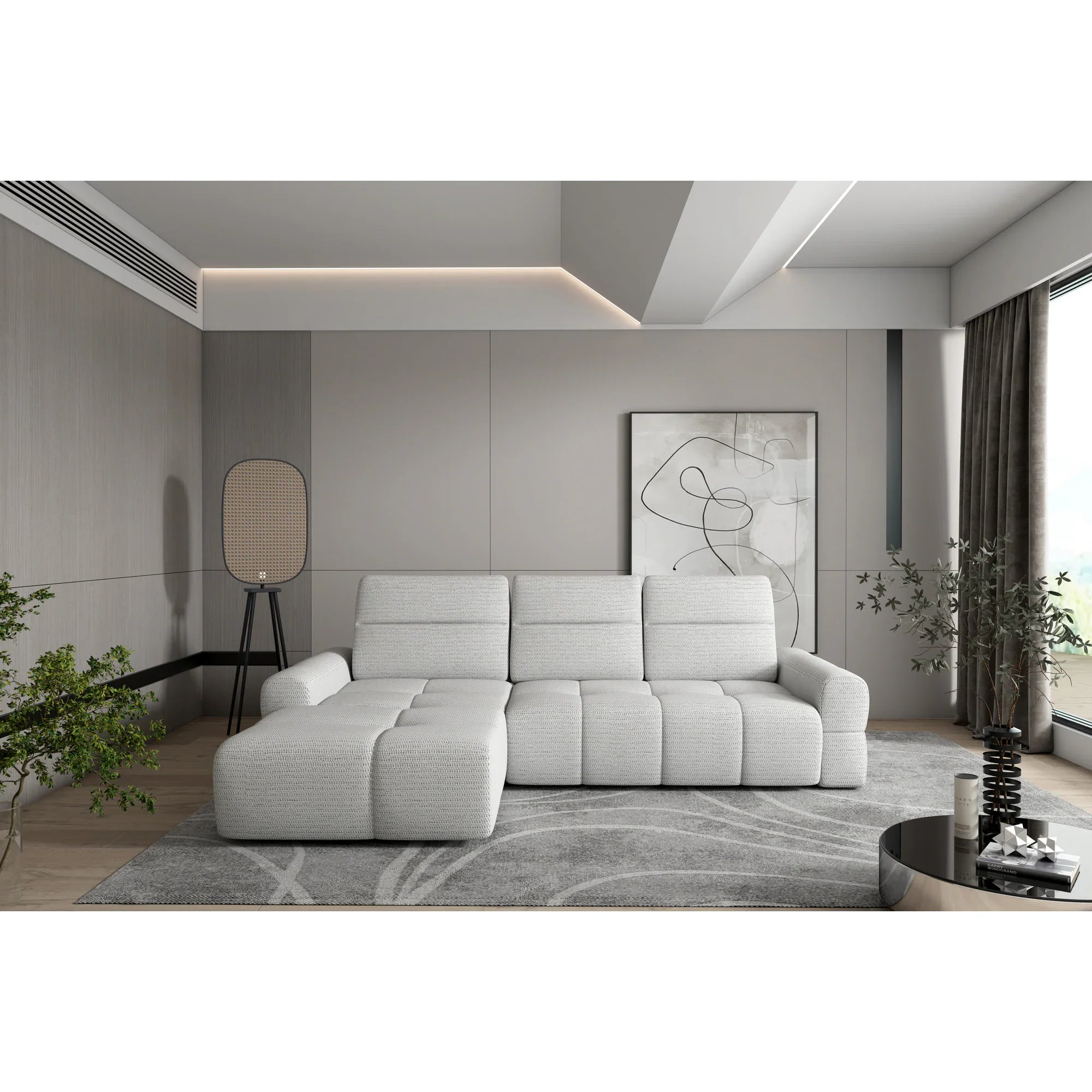 Coltar extensibil MATEO S, personalizabil materiale Oferta Avantaj, cu lada depozitare si tetiere reglabile, 273x183x99 cm