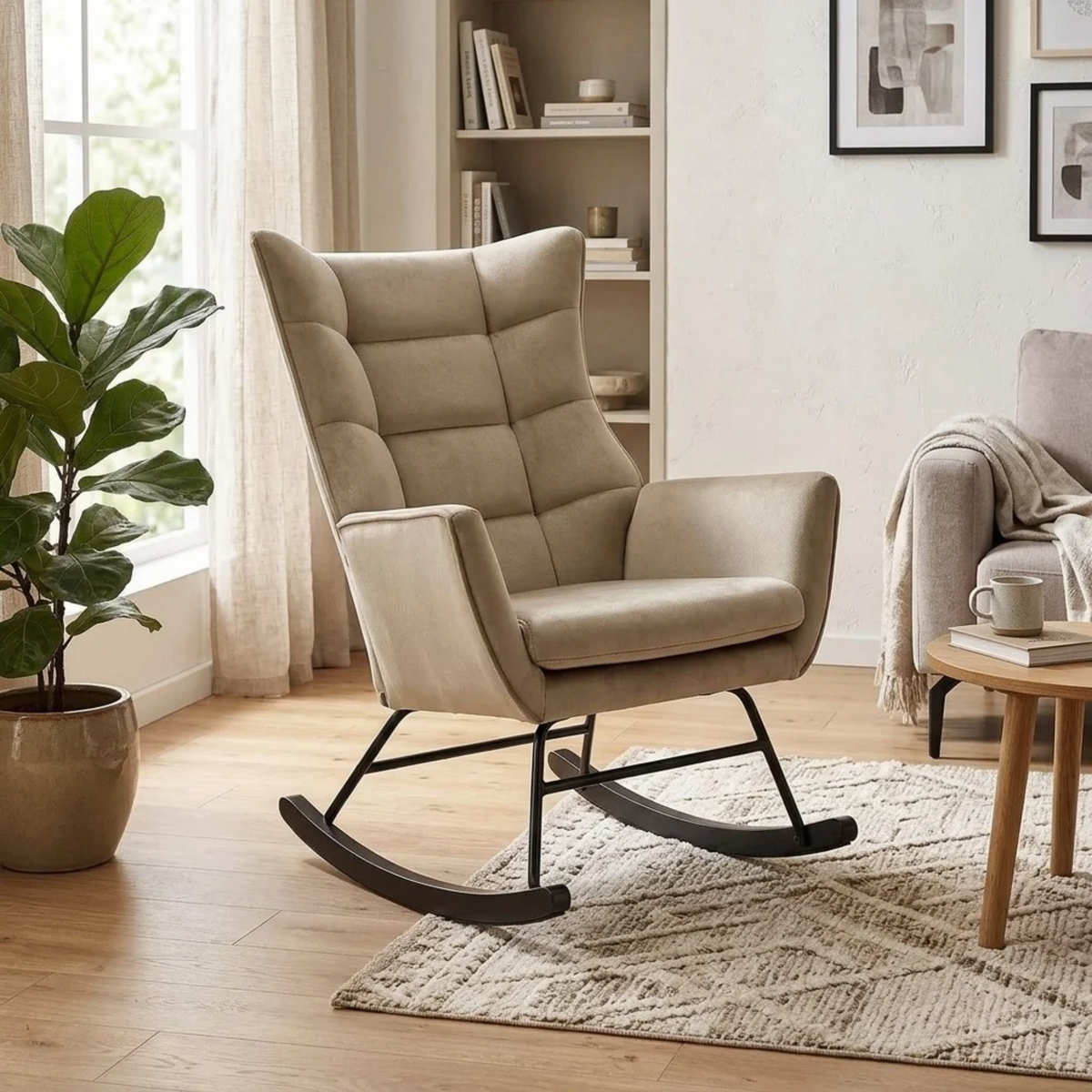 Scaun balansoar tapitat BAZALTO, bej/negru, stofa catifelata, 70x90x92 cm