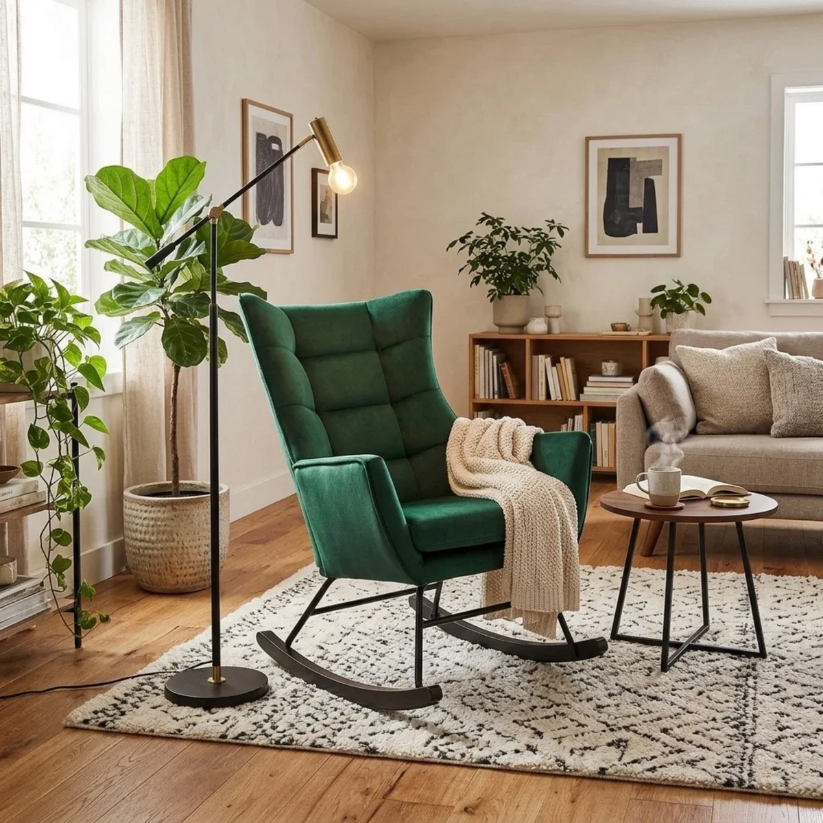 Scaun balansoar tapitat BAZALTO, verde/negru, stofa catifelata, 70x90x92 cm
