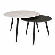 Set 2 masute cafea KORA B, alb cu efect de marmura/negru cu efect de marmura, ceramica/metal