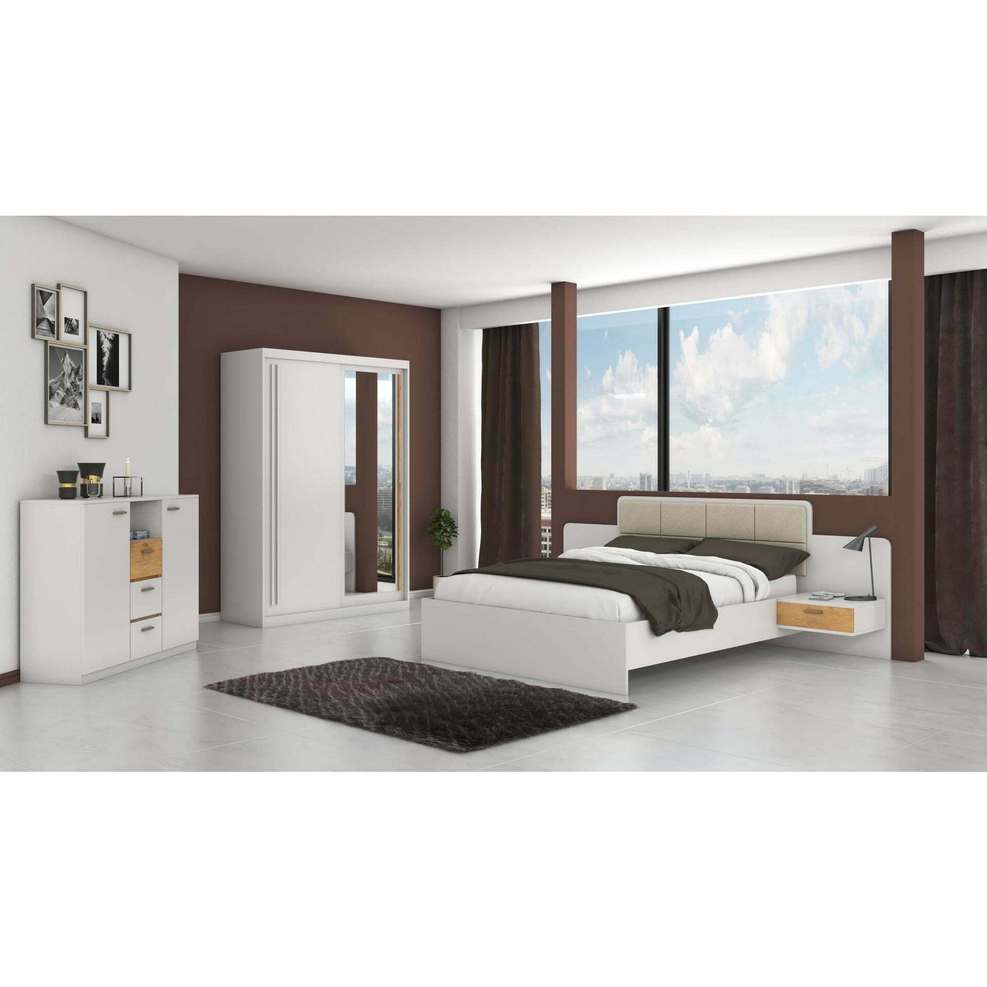 Cadru pat EFFECT 160x200, alb, PAL/stofa, cu 2 noptiere