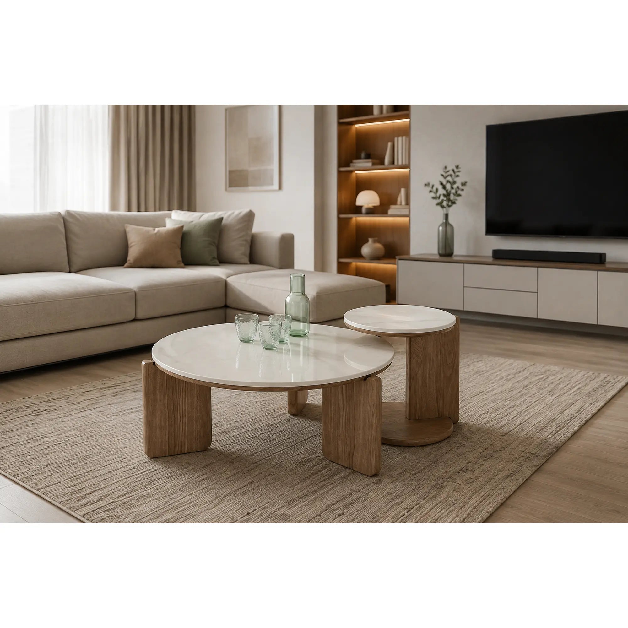 Set 2 masute cafea DIUNA, alb cu efect de marmura/nuc