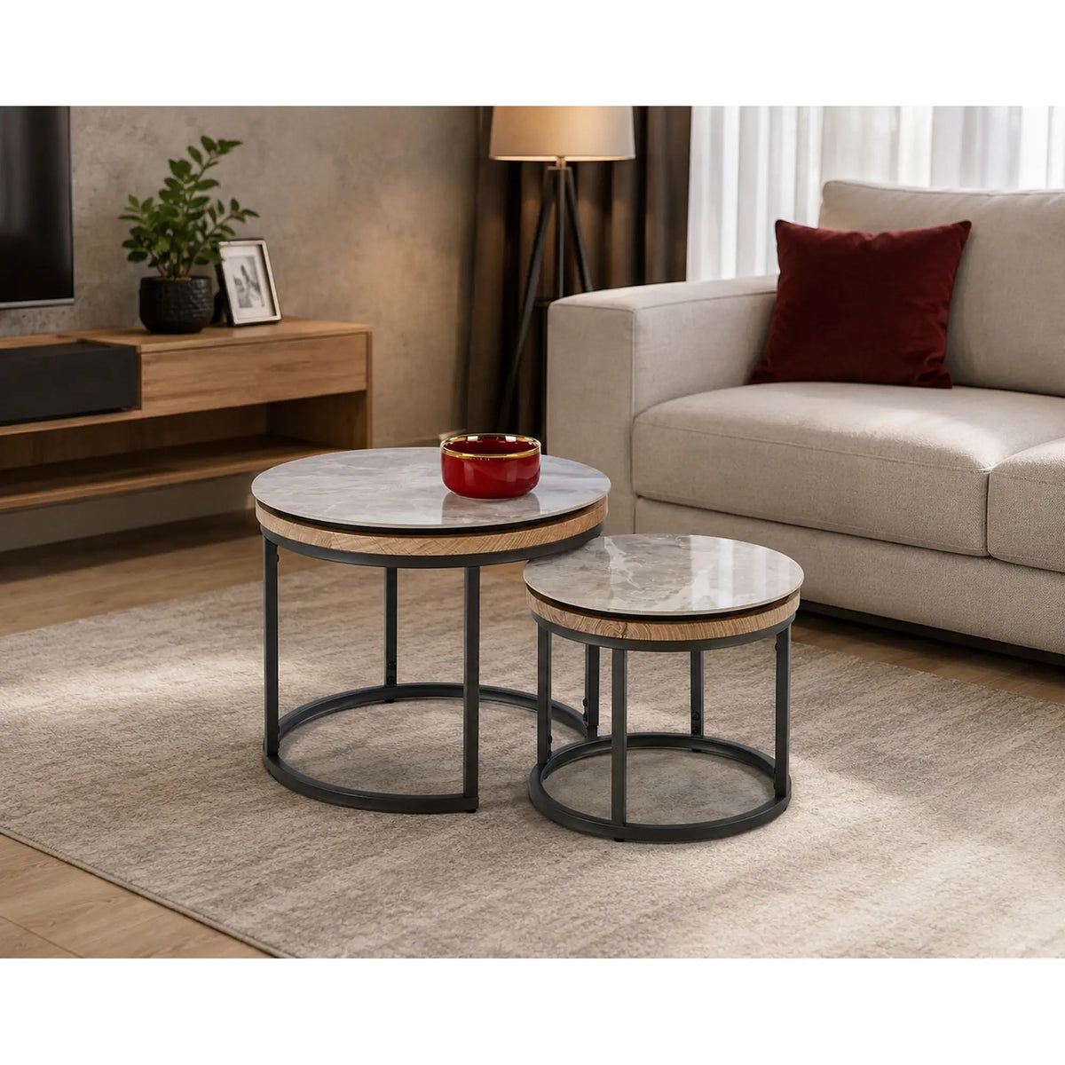Set 2 masute cafea ITAKA, gri cu efect de marmura/gri grafit