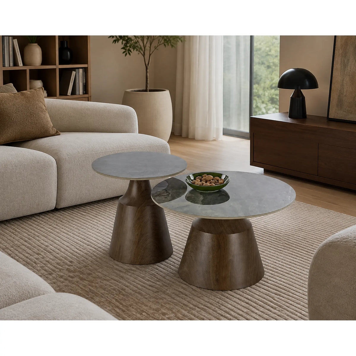Set 2 masute cafea TOWER, maro cu efect de marmura/nuc