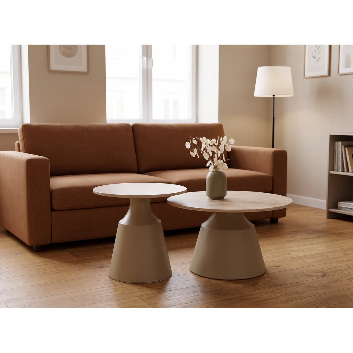 Set 2 masute cafea ZURICH, bej cu efect de piatra travertin/casmir
