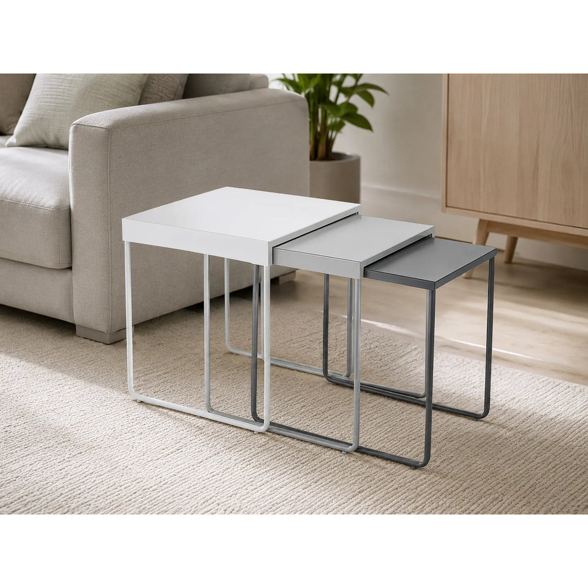 Set 3 masute cafea VICKY, alb/gri/gri inchis, metal